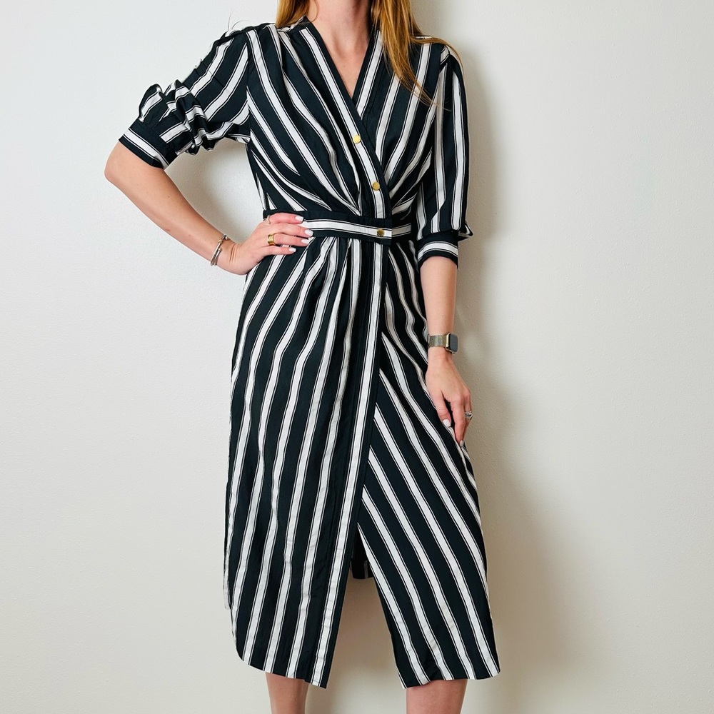Sandro Carl Black and White Wrap Striped 3/4 Sleeve Midi Dress - Picture 3 of 15